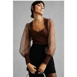 Anthropologie Dolan Puff Sleeve Leopard Print Brown Sweater